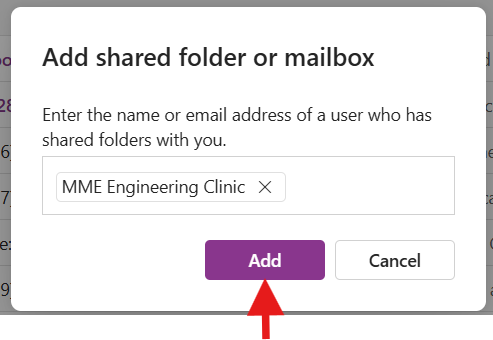A windows showing Add shared folder or mailbox with a box to type the name of the mailbox to add