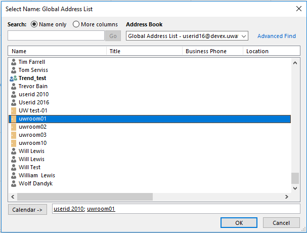 Selecting calendars to open from the Global Address List