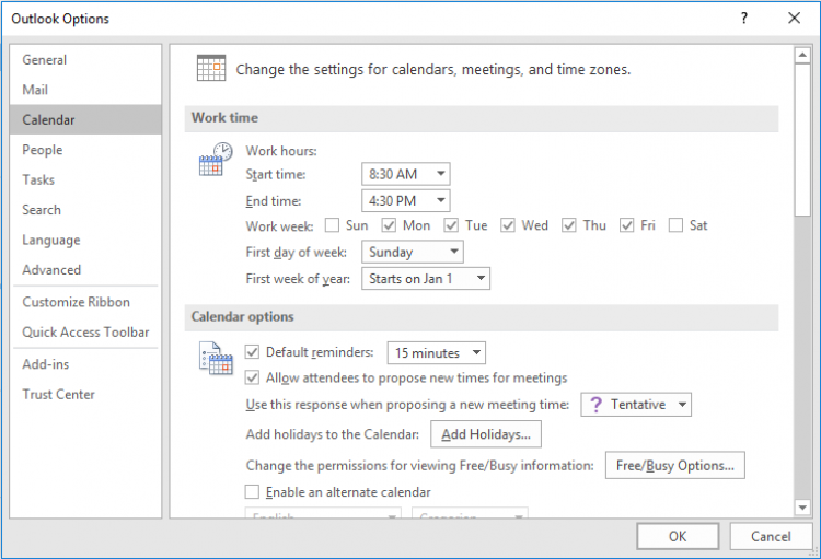 Outlook Options - Calendar dialog box, setting work hours