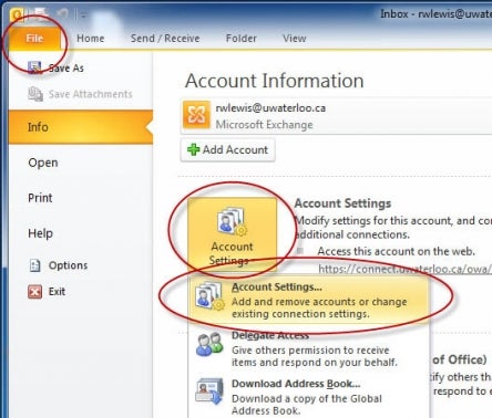 Accessing the account settings window with Outlook 2010 on Windows.