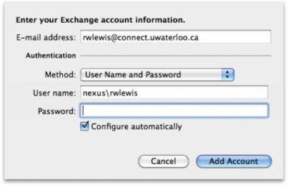 Entering the login information for an Exchange account under the 