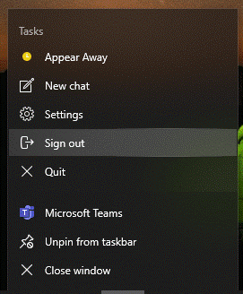 Microsoft Teams "sign out" option