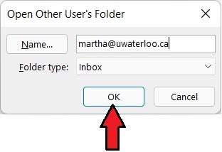 Windows with the name fill out with the email address and the inbox and ok and cancel buttons