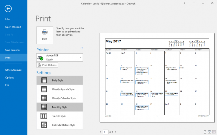 Printing a calendar options