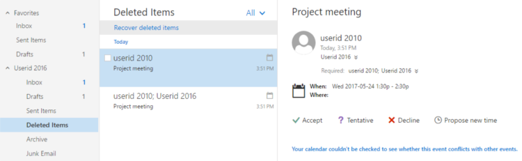 Retrieving a meeting request from the Deleted Items folder.