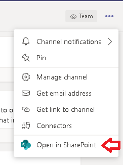 MS Teams menu highlighting Open in sharepoint