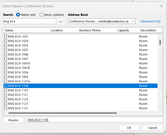 Windows with the list of room and one of the rooms is highlighted and selected