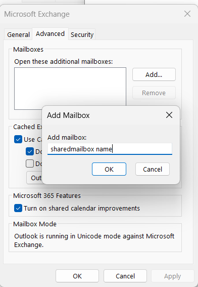 WIndow with a smaller window to add the shared mailbox