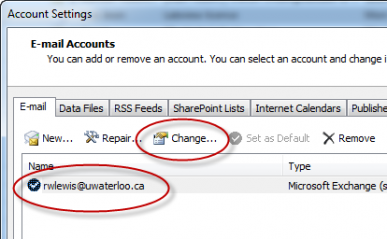 Choosing an email account and then selecting change on the account settings window.