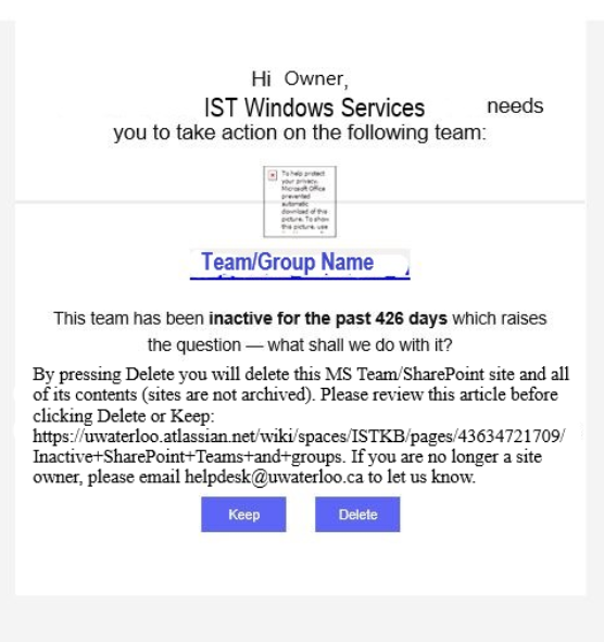 A sample email where it states that a particular site is been inactive for 426 days and have two options keep or delete