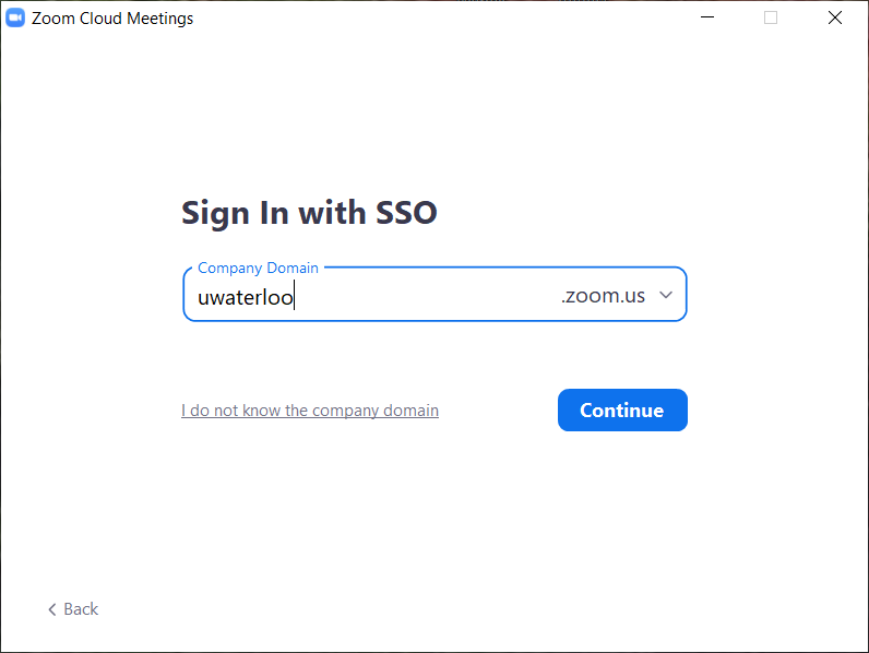 Sign in with SSO window with uwaterloo fill out 