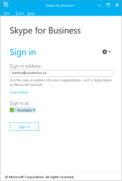 Skype for business login window