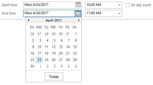 Start time and end time fields with dropdown calendar