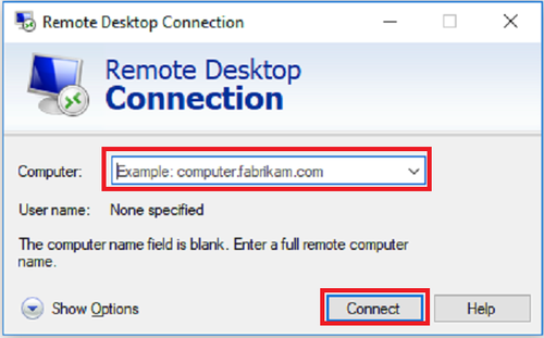 Remote desktop connection window has Computer or hostname input bar and Connect button outlined in red boxes