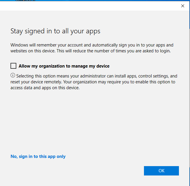 windows asking about allow my organization to manage my devices