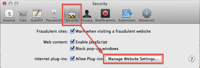 Security tab - select manage website settings.