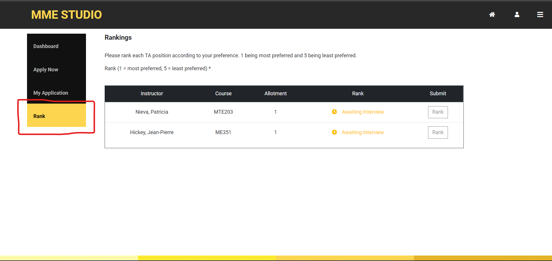 Windows with Rank select it and the two course ranked