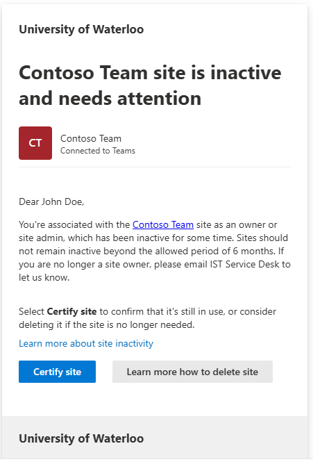 WIndow showing Team site in inactive