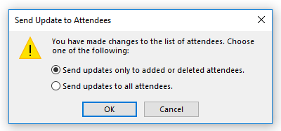 Updating a meeting - Send Update to Attendees dialog box