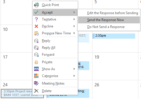 Right-click  menu options for meetings