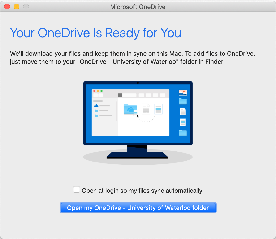 You're OneDrive is ready for you success screen