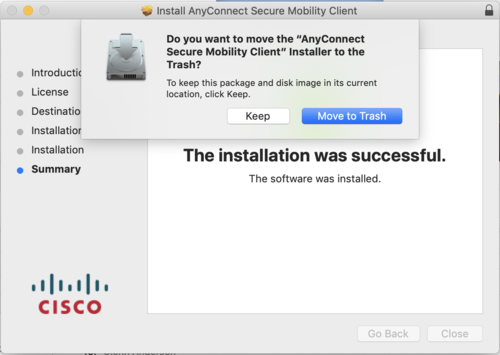 Move AnyConnect installer to the trash messaege