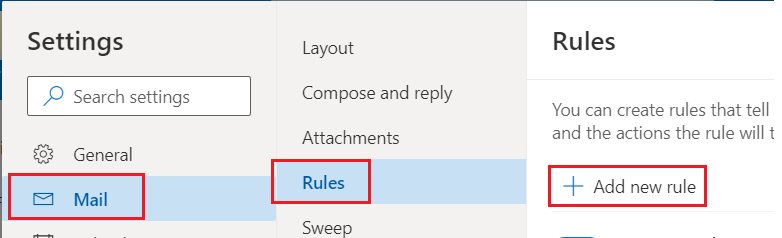 Settings window showing mail selection rules selection and Add new rule