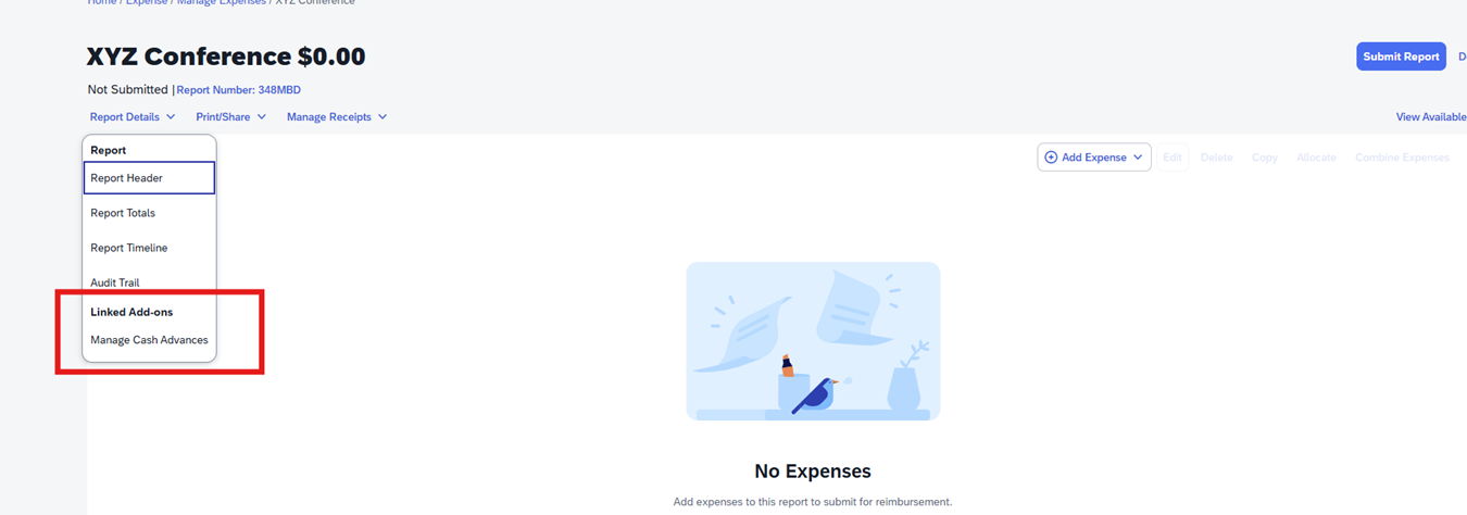 Image showing where to assign a cash advance