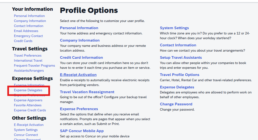 Image showing where the expense delegates link is