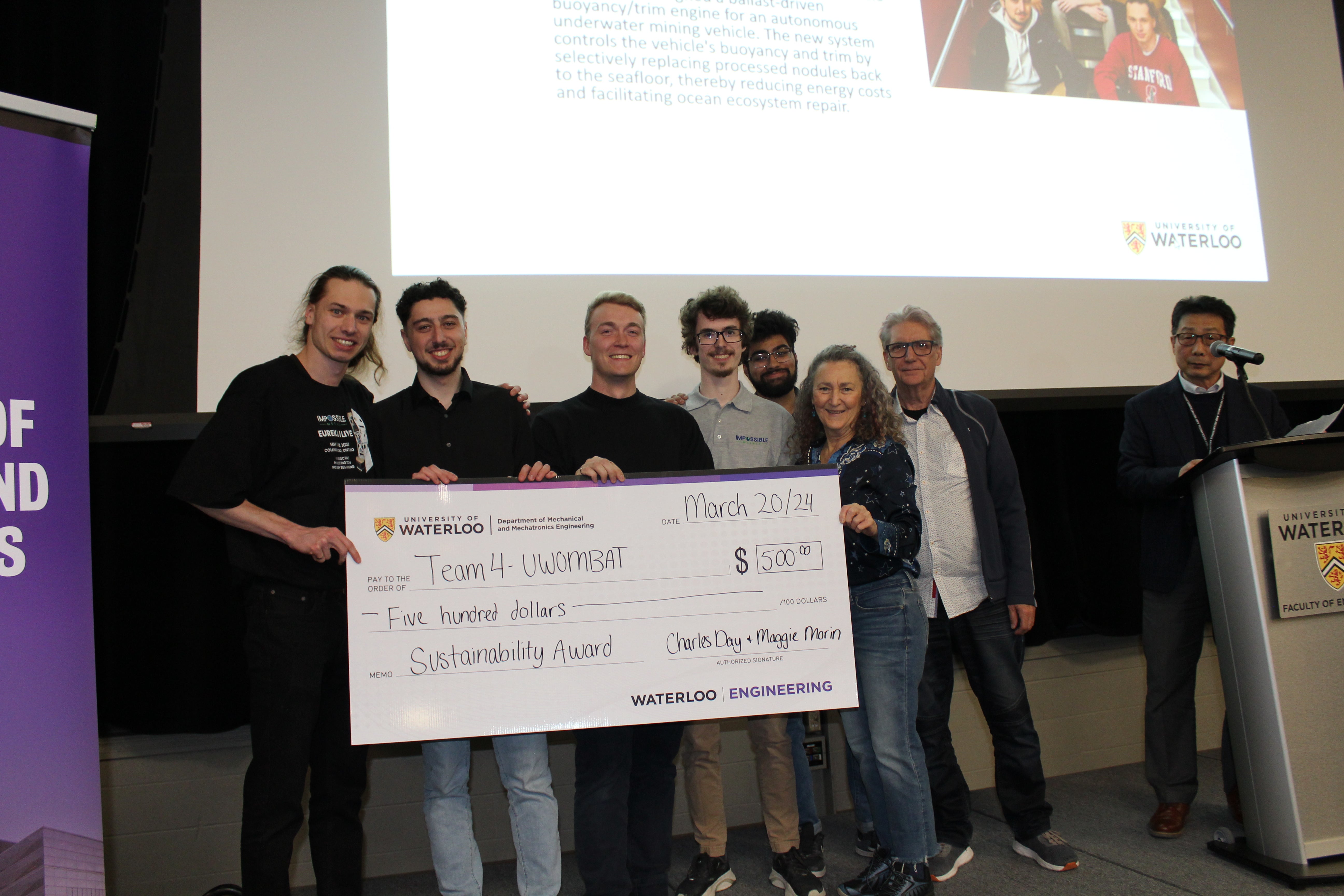 Capstone team UWombat winning the award for winning the Sustainability Award