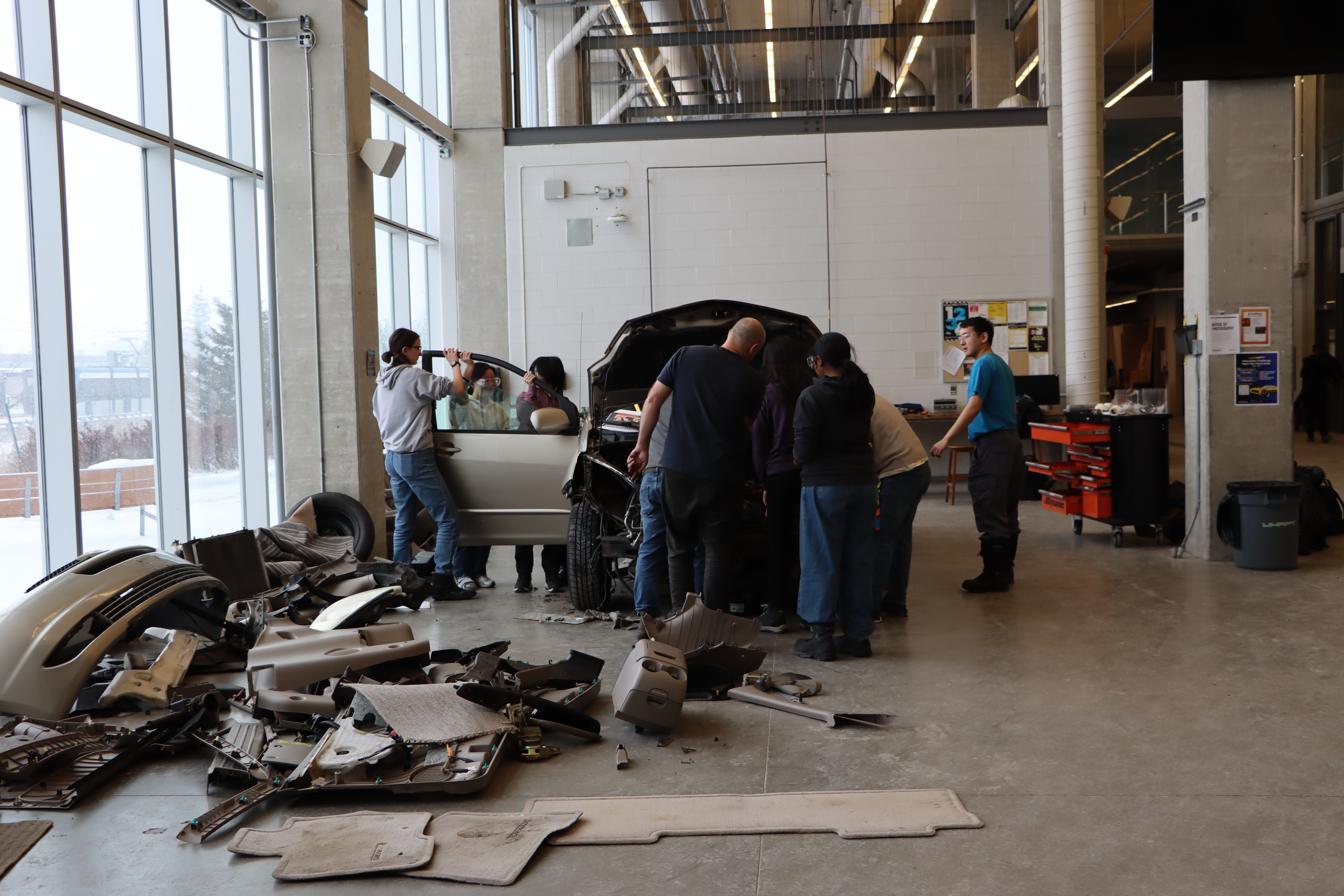 Disassembled minivan. 