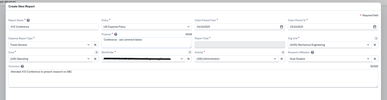 Image showing the report header of an expense report