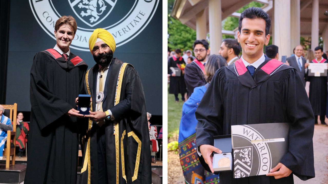 Collage of Adam and Aryan accepting their awards on separate occasions at convocation