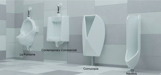 A rendering of the 4 urinal designs that were tested. 