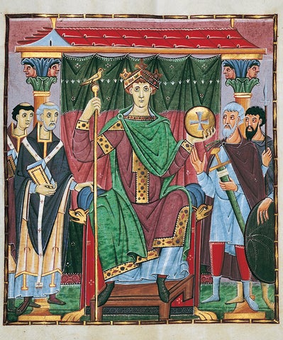 An illuminated manuscript showing figures centred around a king on the throne with his crown and sword