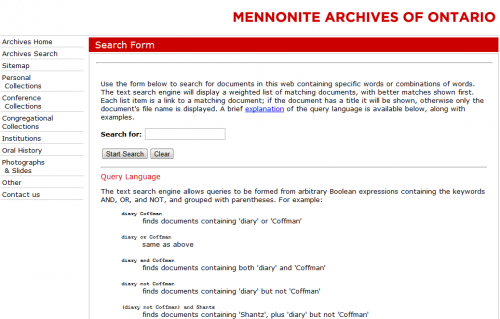 A screenshot of the search web page in the former Mennonite Archives of Ontario website.