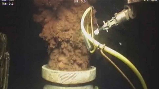 Still image from a video showing oil leaking underwater.
