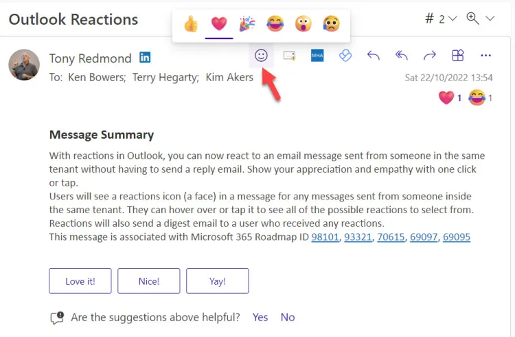 Sample email in outlook with reactions 