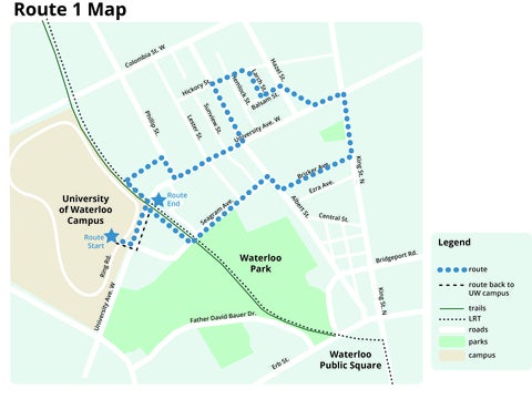  Map showing the route, starting at South Campus Hall and travelling along University Ave. West through Northdale and then back to the University of Waterloo.. 