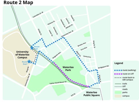 Map of the proposed Route starting at the University of Waterloo South Campus Hall, travelling the LRT to Uptown and then walking back to the University.