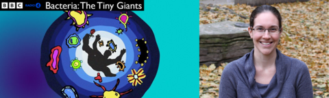 BBC Radio 4 series Bacteria: The Tiny Giants next to photo of Prof. Laura Hug