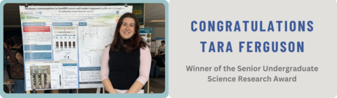 Photo of Tara Ferguson in front of her research thesis poster.