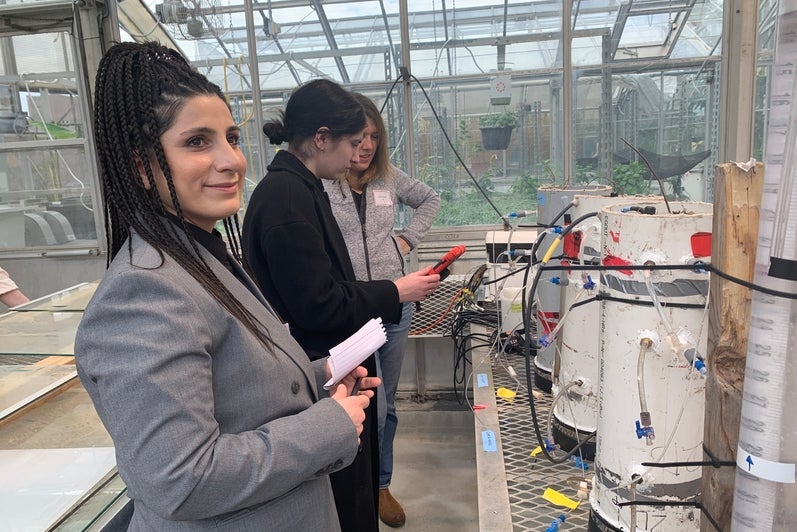 Workshop participants looking at methane flux experiments.