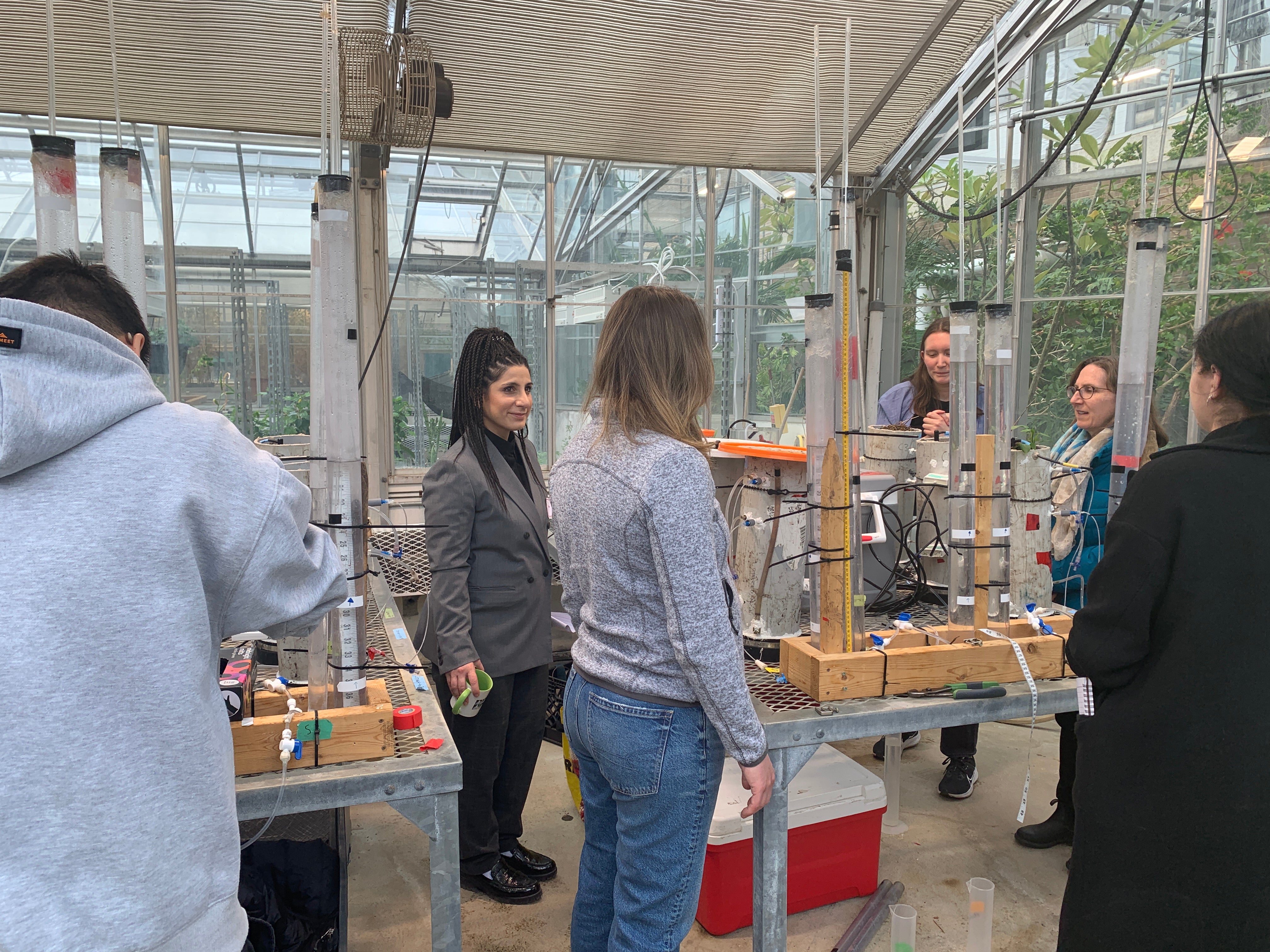 Workshop participants ask questions about the methane flux gas chamber experiments.