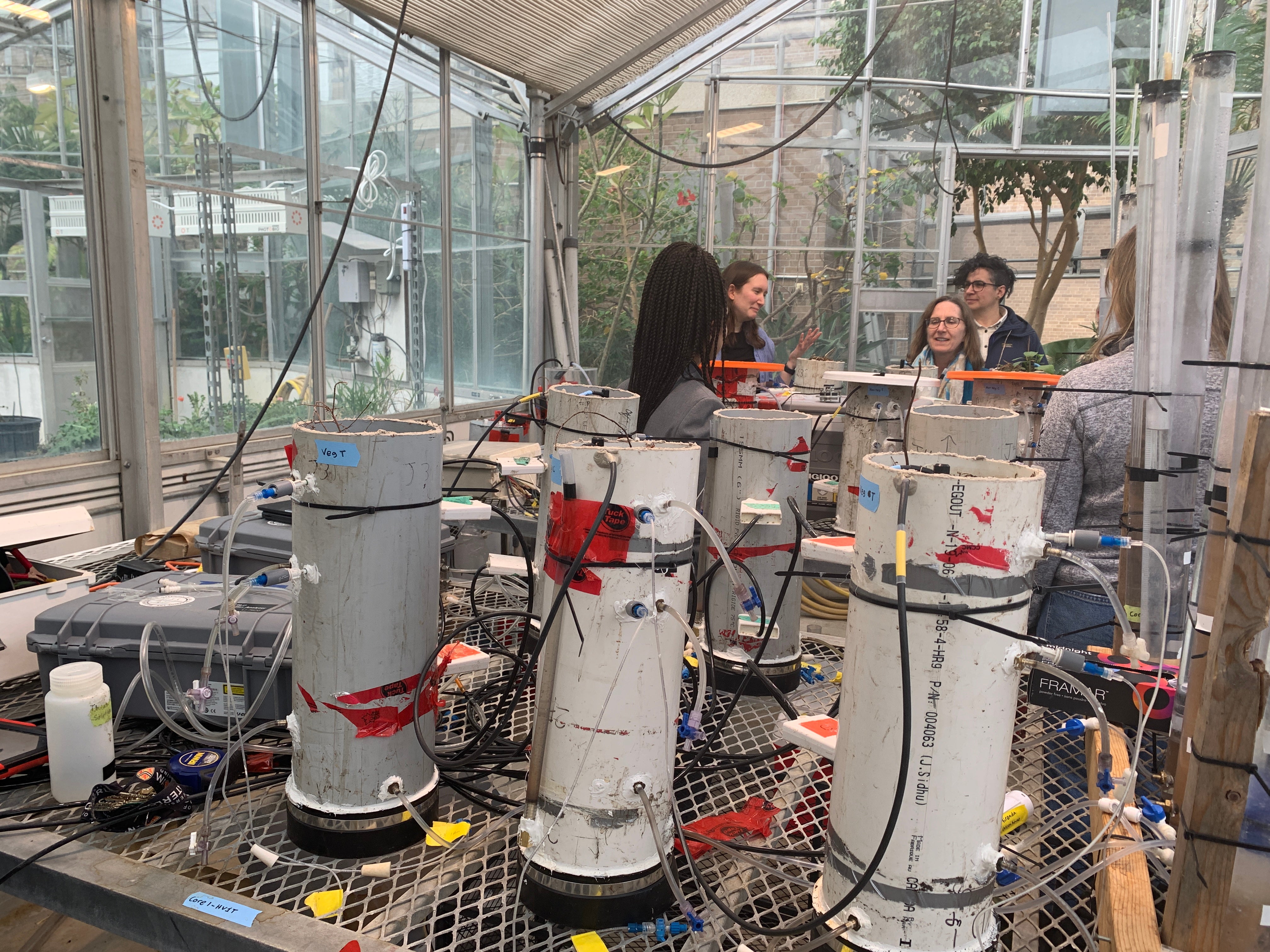 A view of the methane flux gas chamber experiments in the campus greenhouse.