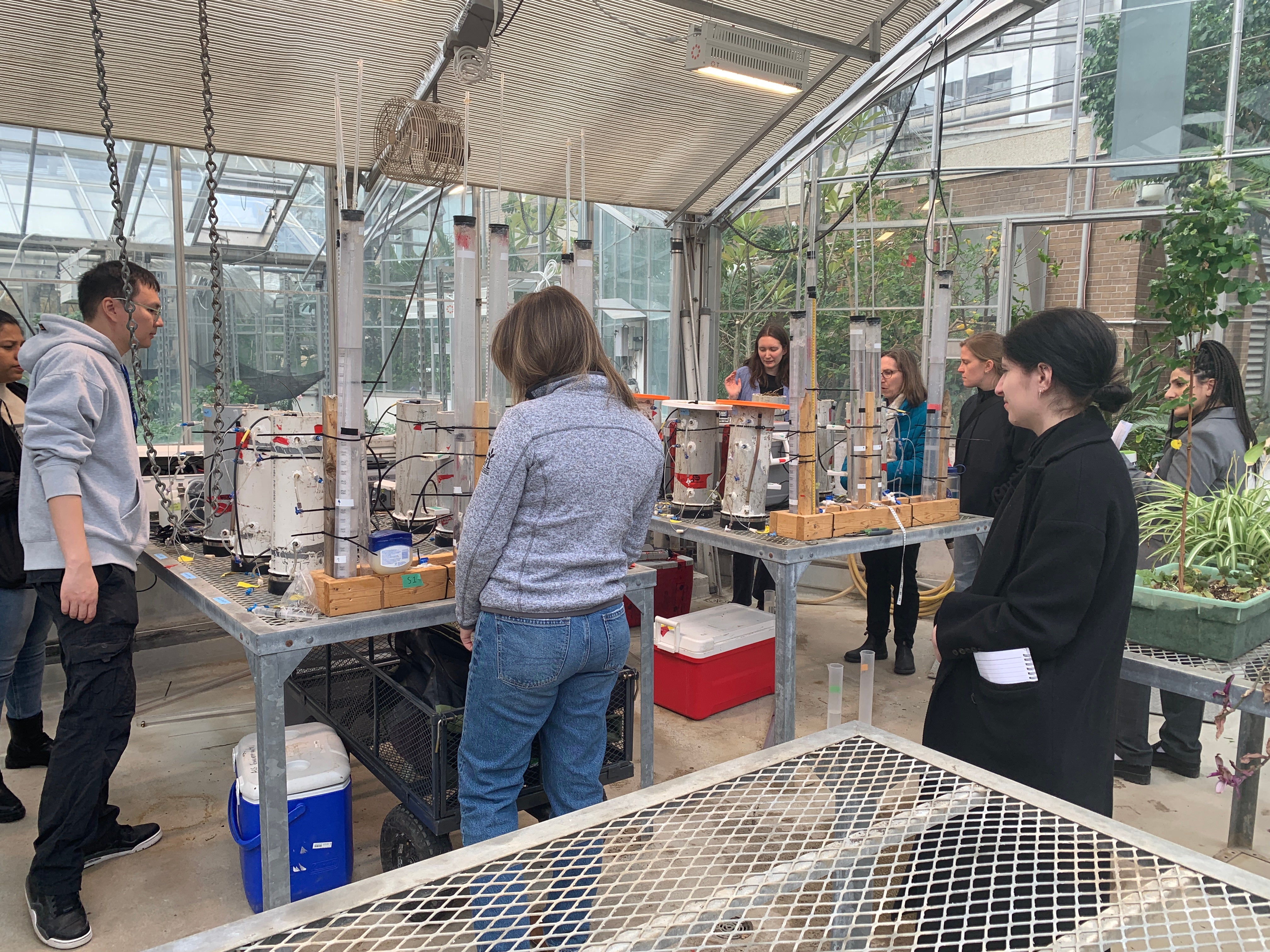 Participants look at methane flux gas chamber experiments.