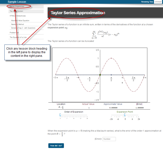 screenshot showing block titles in a left column and lesson content beside them on the right