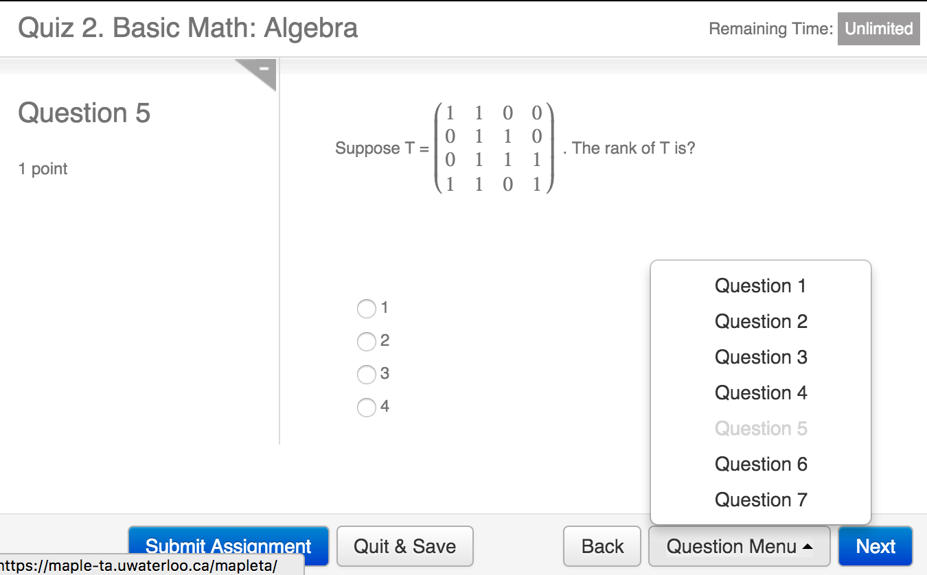 mobius assignment question page showing navigation buttons