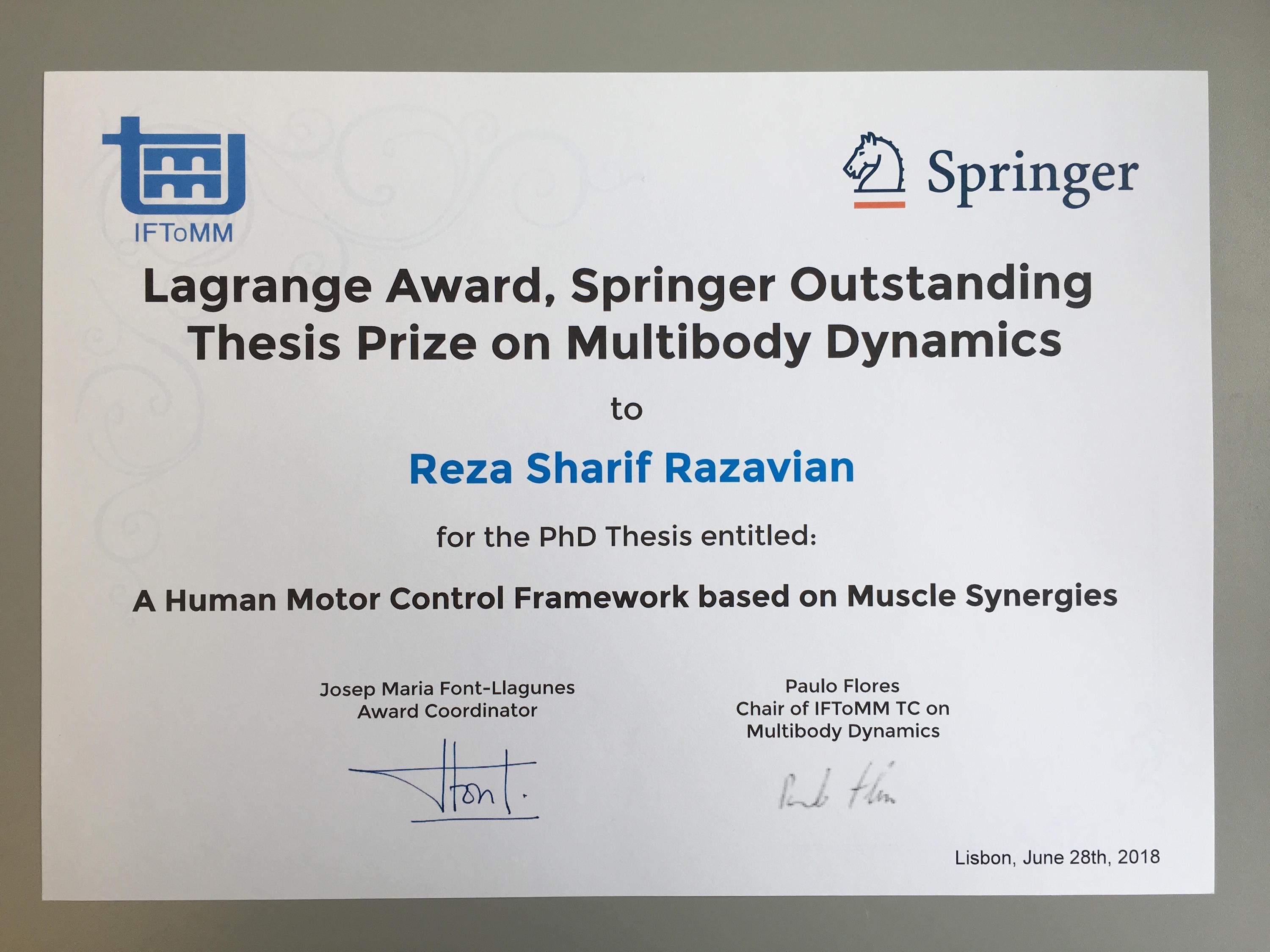 Reza Razavian Awarded Thesis Prize