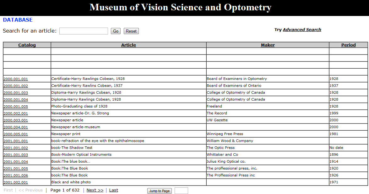 Screen shot of the Museum of Vision Science and Optometry database